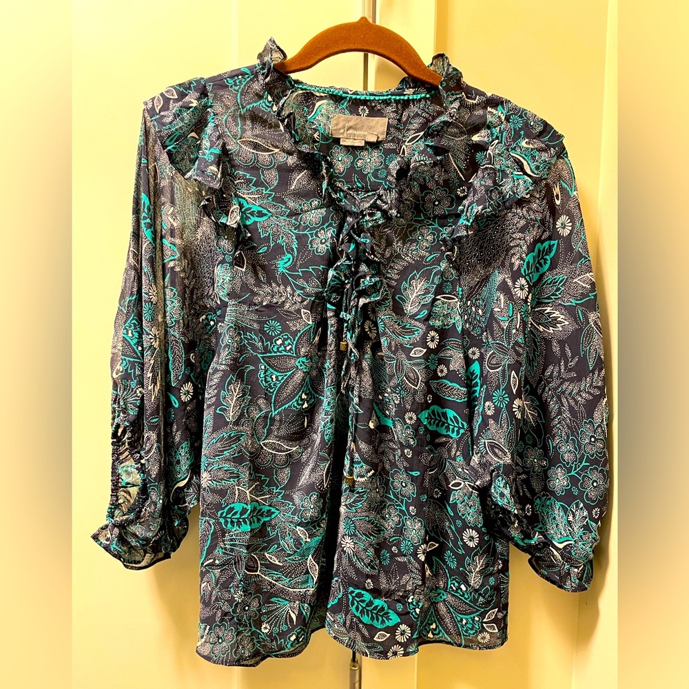 Long sleeve tie front blouse with ruffles